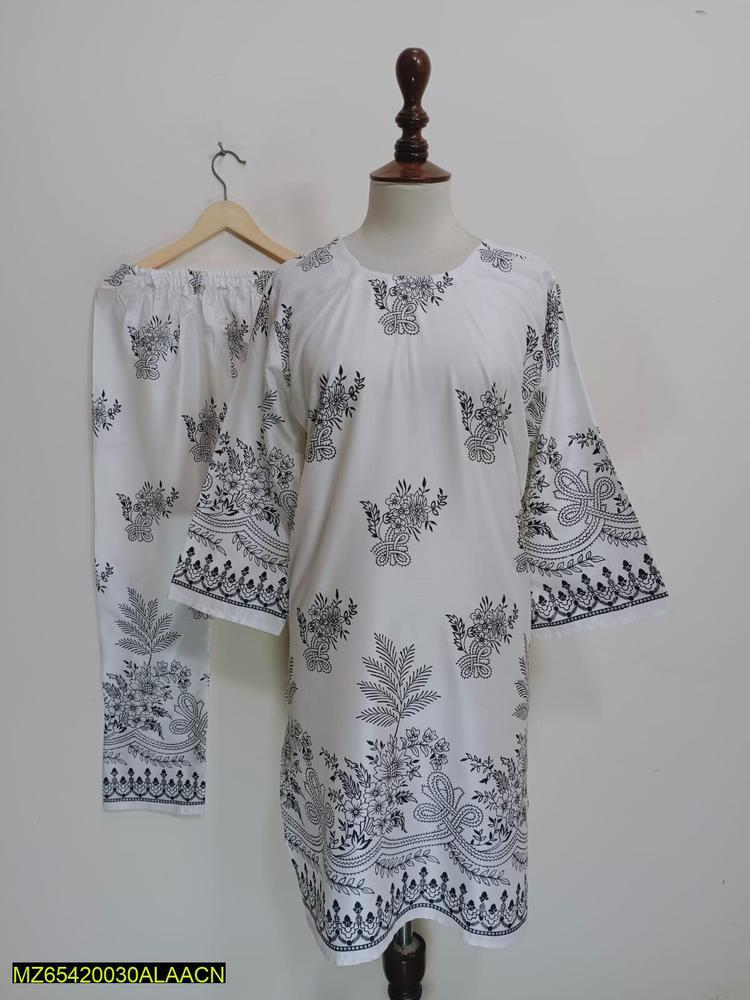 2 Pcs Women's Stitched Lawn Printed Shirt And Trouser