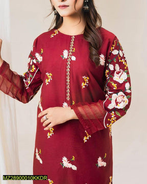 2 Pcs Women's Stitched Lawn Embroidered Shirt And Trouser