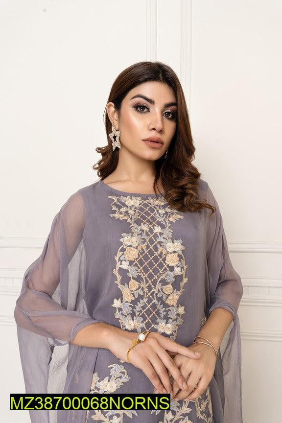 3 Pcs Norans Chiffon Embroidered Suit (Ayla-Pigeon)