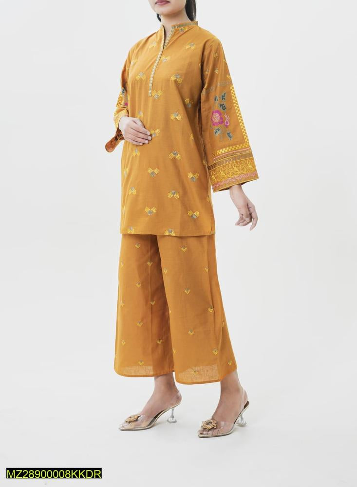 2 Pcs Women's Stitched Lawn Embroidered Shirt And Trouser