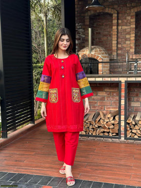 2 Pcs Women's Stitched Cotton Embroidered Shirt And Trouser