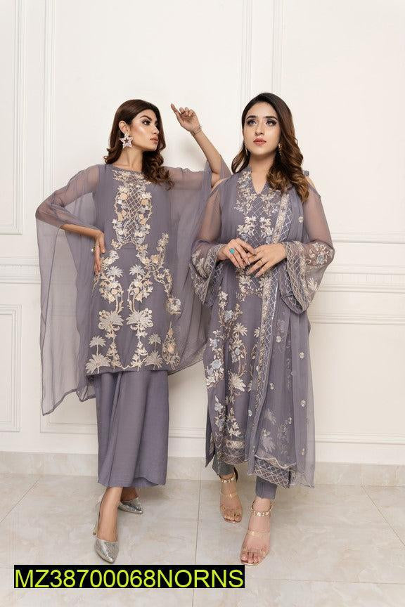 3 Pcs Norans Chiffon Embroidered Suit (Ayla-Pigeon)