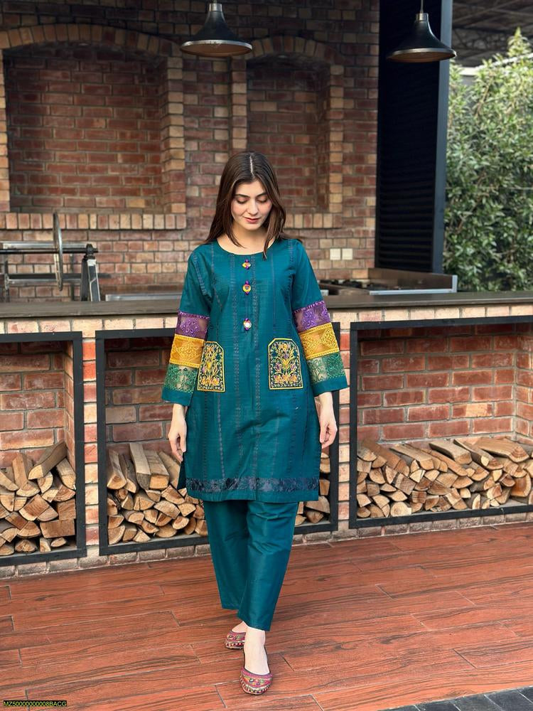 2 Pcs Women's Stitched Cotton Embroidered Shirt And Trouser